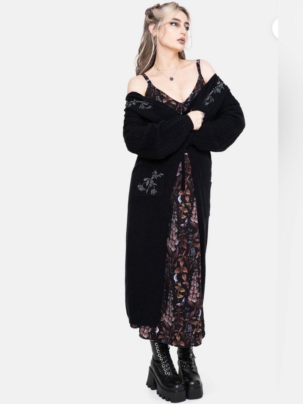 NWT Disturbia Rime Embroidered Cable Knit Sleeve Longline Cardigan size XL